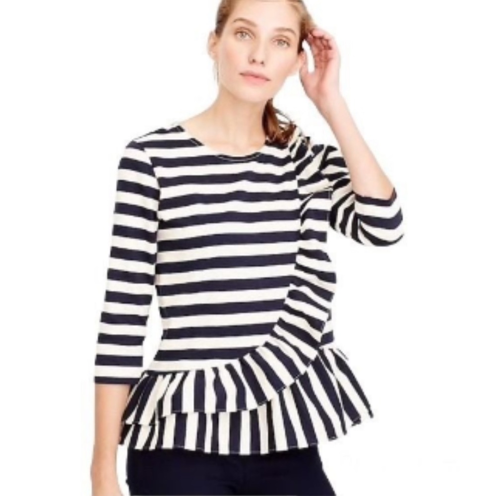 J. Crew Navy and White Stripe Ruffle Top Blouse xs